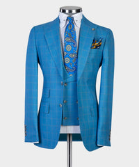 Harold Blue Plaid Three-Piece Peak Lapel Business Men’s Suits