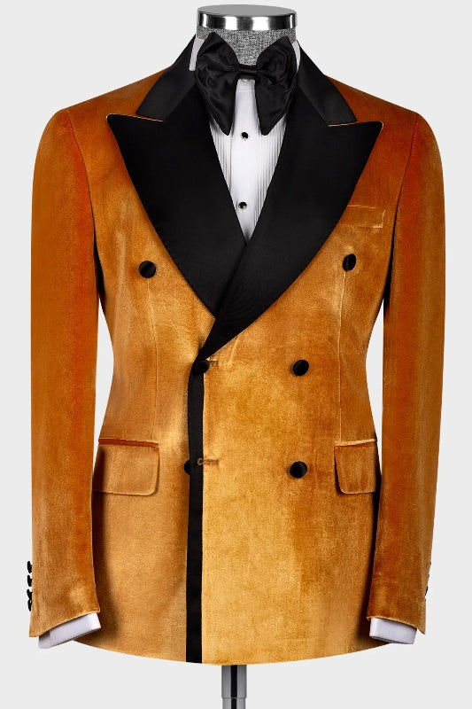 Harold Gorgeous Gold Double-Breasted Peaked Lapel Velvet Prom Suit