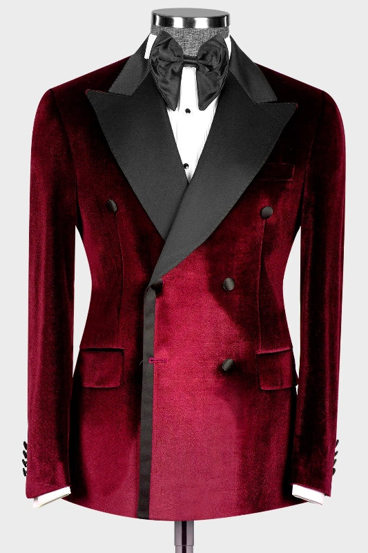 Harriet Gorgeous Burgundy Double-Breasted Velvet Peaked Lapel Prom Suit