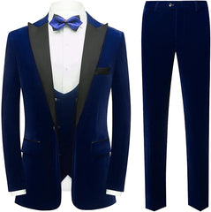 Harry Elegant Navy Blue Three-Piece Velvet Prom Attire for Men