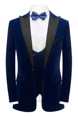 Harry Elegant Navy Blue Three-Piece Velvet Prom Attire for Men