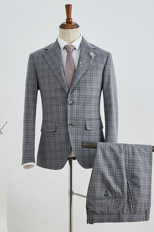 Harvey Stylish Gray Plaid Notched Lapel Business Suit for Men