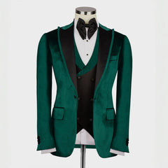 Hayden Fashionable Dark Green Peaked Lapel Three-Piece Velvet Prom Suit