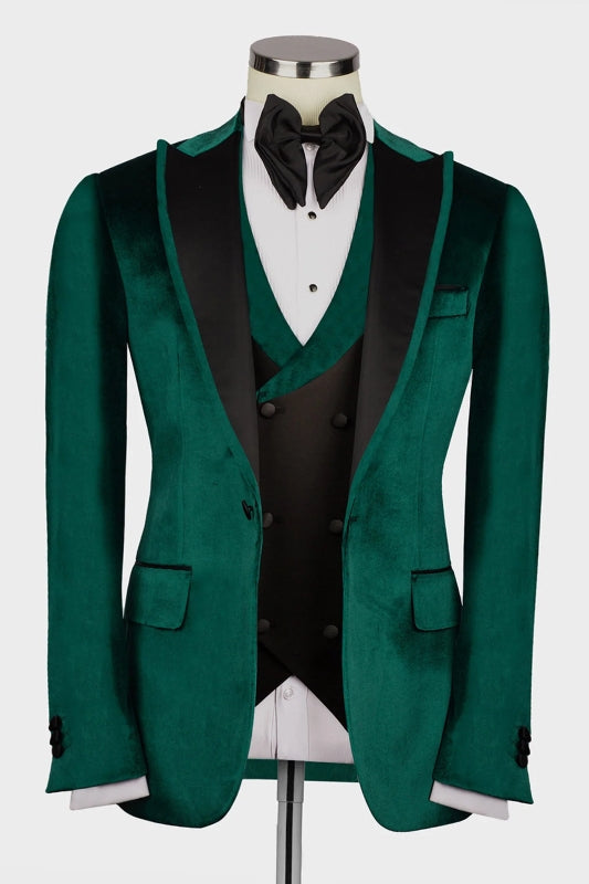 Hayden Fashionable Dark Green Peaked Lapel Three-Piece Velvet Prom Suit