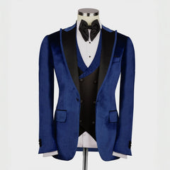 Hayes Tailored Navy Blue Peaked Lapel Three-Piece Velvet Prom Suit