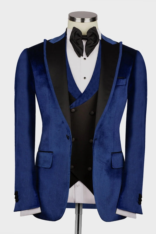 Hayes Tailored Navy Blue Peaked Lapel Three-Piece Velvet Prom Suit