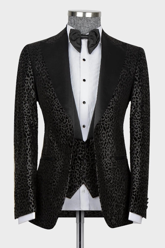 Heather Classical Black Jacquard Peaked Lapel Three-Piece Prom Suit