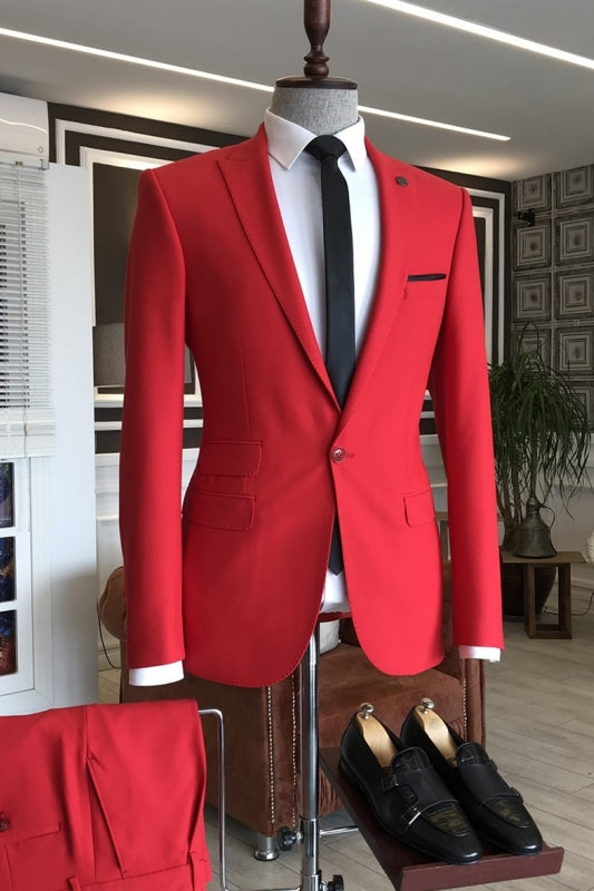 Heather Red Peaked Lapel Two-Piece Slim Fit Prom Suit For Men