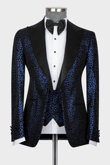 Herbert Fashion Navy Blue Jacquard Peaked Lapel Three-Piece Prom Suit