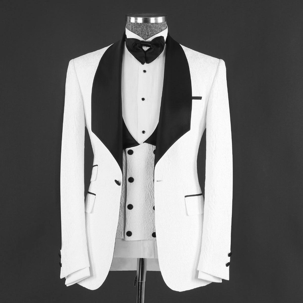 Herman Elegant White Jacquard Three-Piece Wedding Suit with Shawl Lapel