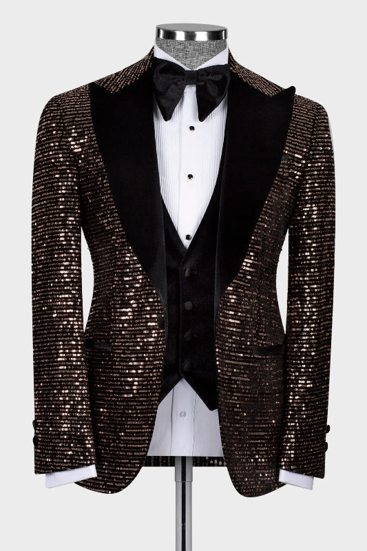 Herman Fancy Brown Sequin Peaked Lapel Three-Piece Prom Suit