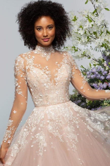 High neck Elegant Lace Long sleeves Wedding Dress