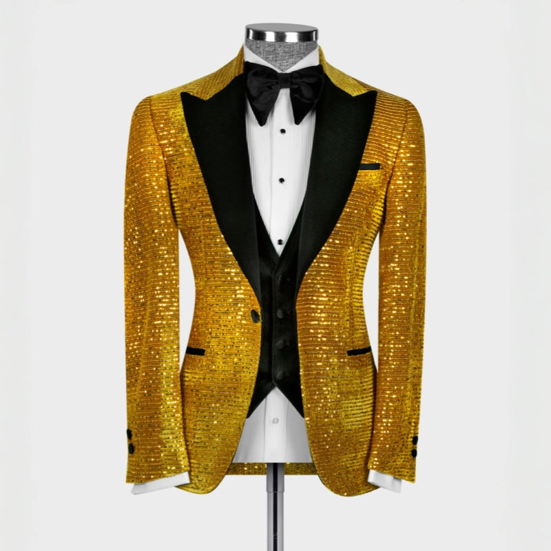 Hilary Stunning Gold Peaked Lapel Three-Piece Sequined Prom Suit