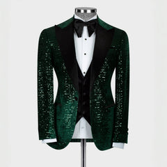 Hiram Decent Dark Green Three-Piece Sequined Peaked Lapel Prom Suit For Men