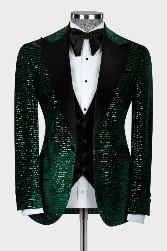 Hiram Decent Dark Green Three-Piece Sequined Peaked Lapel Prom Suit For Men