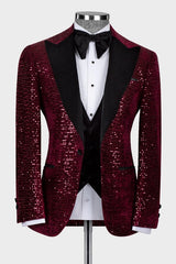 Hobart Generous Burgundy Peaked Lapel Three-Piece Sequin Prom Suit