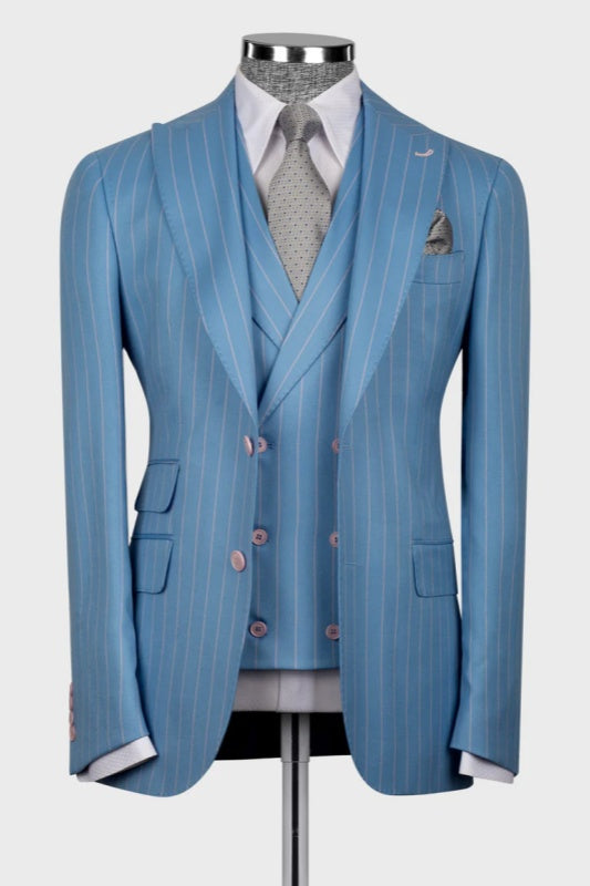 Howar Ocean Blue Striped Peaked Lapel Three-Piece Men's Business Suit