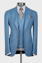 Howar Ocean Blue Striped Peaked Lapel Three-Piece Men's Business Suit