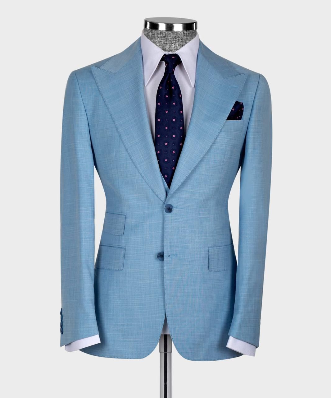 Hugh Sky Blue Bespoke Three-Piece Suit with Peaked Lapel for Men