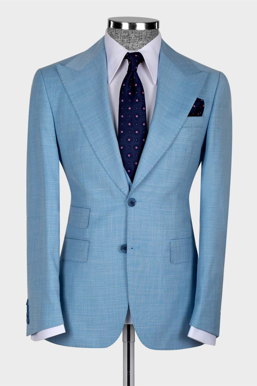 Hugh Sky Blue Bespoke Three-Piece Suit with Peaked Lapel for Men