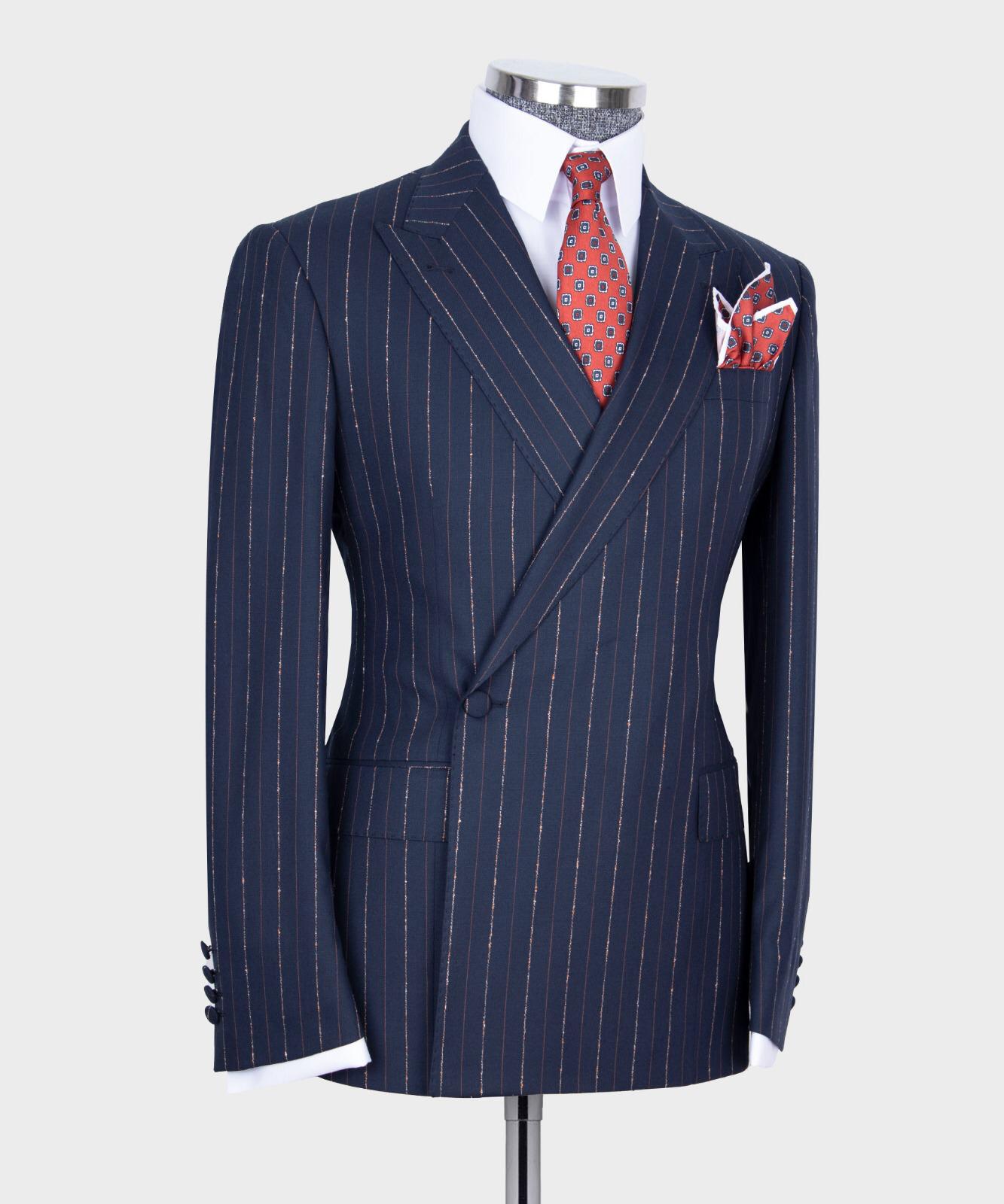 Hugo Stylish Navy Two-Piece Striped One Button Suit with Peaked Lapel