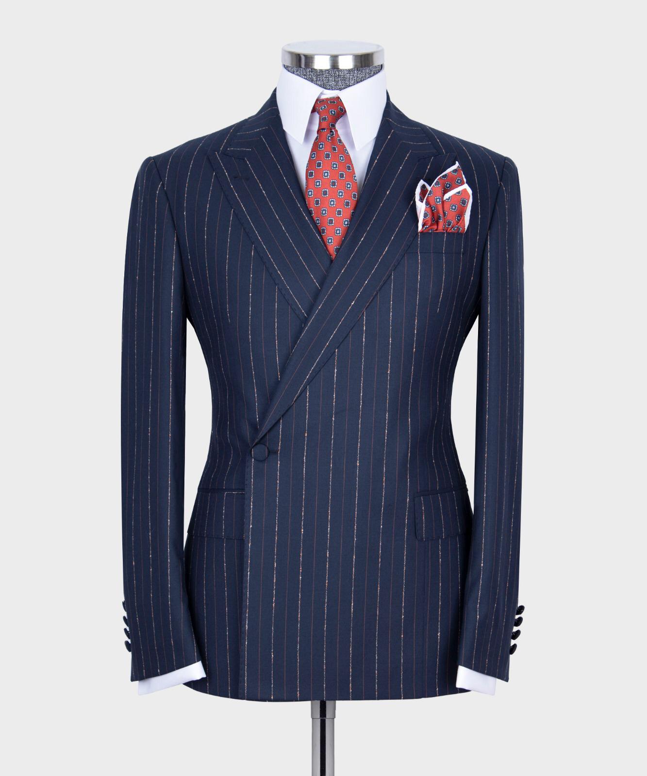 Hugo Stylish Navy Two-Piece Striped One Button Suit with Peaked Lapel