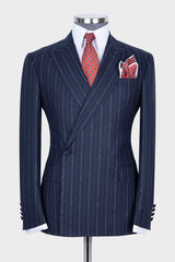 Hugo Stylish Navy Two-Piece Striped One Button Suit with Peaked Lapel