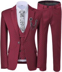 Hyman Chic Burgundy Notched Lapel Three-Piece Prom Suit With Black Polka Dots