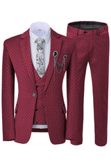 Hyman Chic Burgundy Notched Lapel Three-Piece Prom Suit With Black Polka Dots