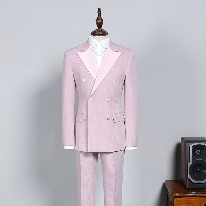 Ian New Pink Peak Lapel Double Breasted Custom Prom Suit