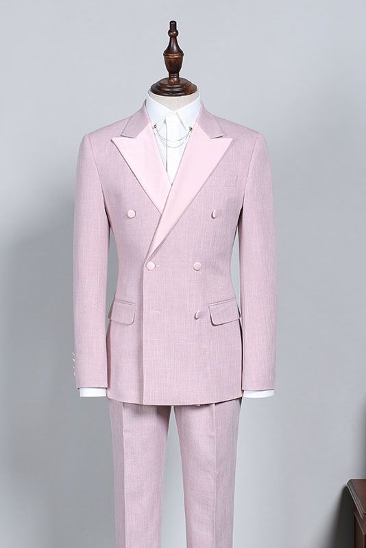 Ian New Pink Peak Lapel Double Breasted Custom Prom Suit