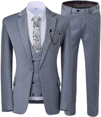 Icholas Fancy Gray Notched Lapel Three-Piece Prom Suit With Black Dots