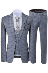 Icholas Fancy Gray Notched Lapel Three-Piece Prom Suit With Black Dots