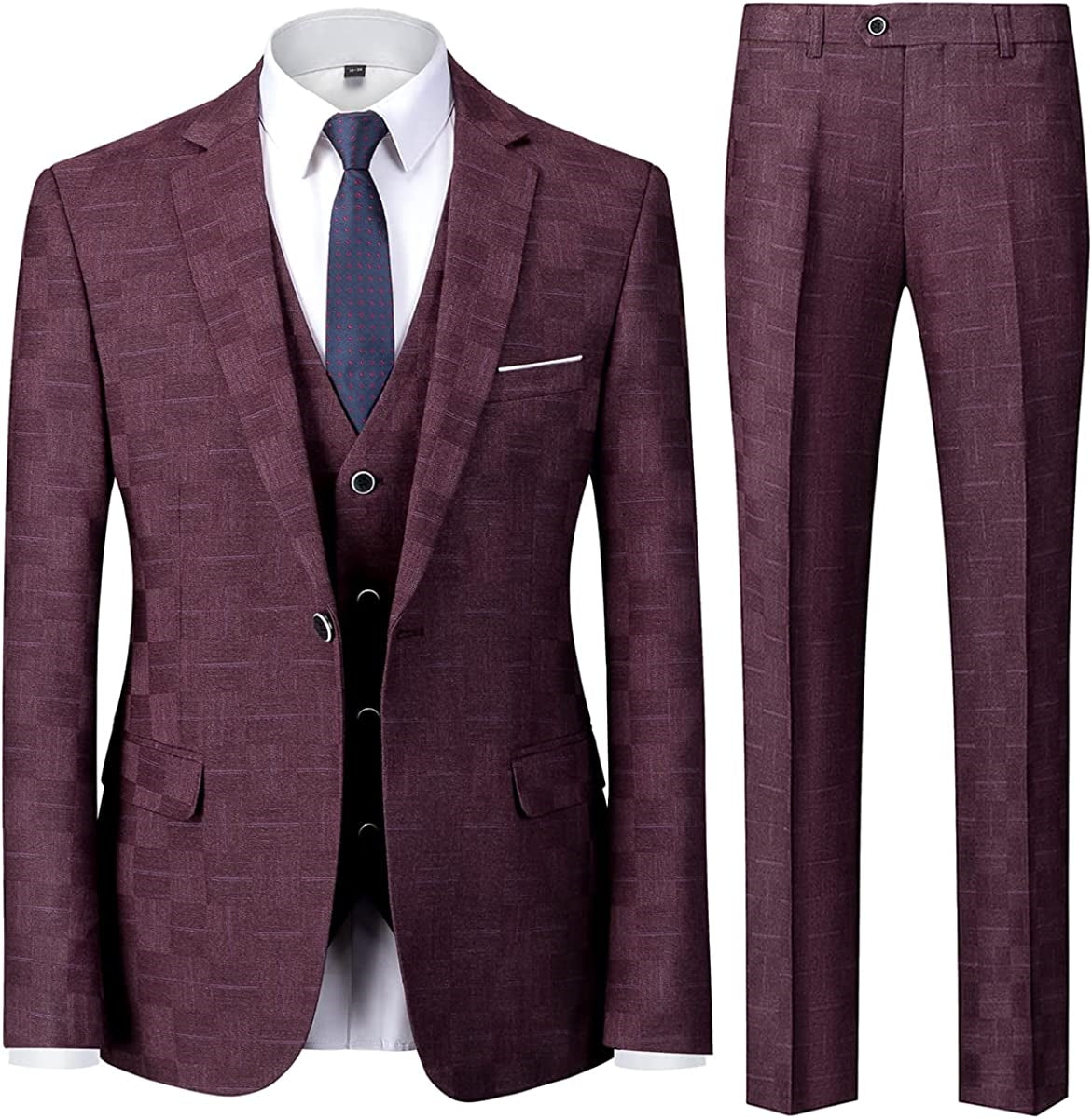 Iexus Stylish Burgundy Plaid Notched Lapel Three-Piece Business Suit for Men