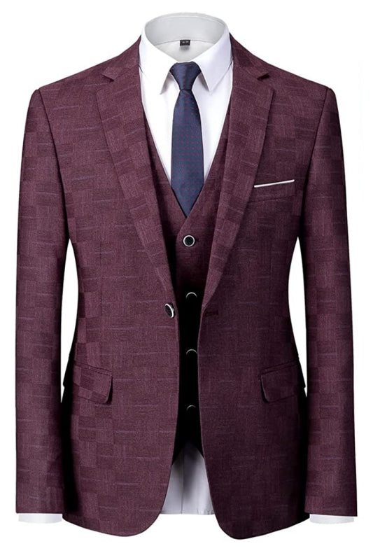 Iexus Stylish Burgundy Plaid Notched Lapel Three-Piece Business Suit for Men