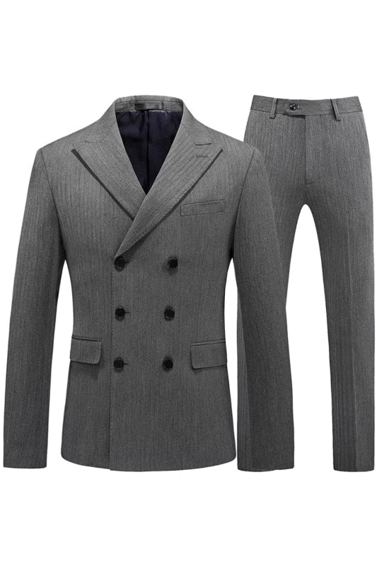 Iionei Bespoke Gray Double-Breasted Peak Lapel Striped Men's Business Suit