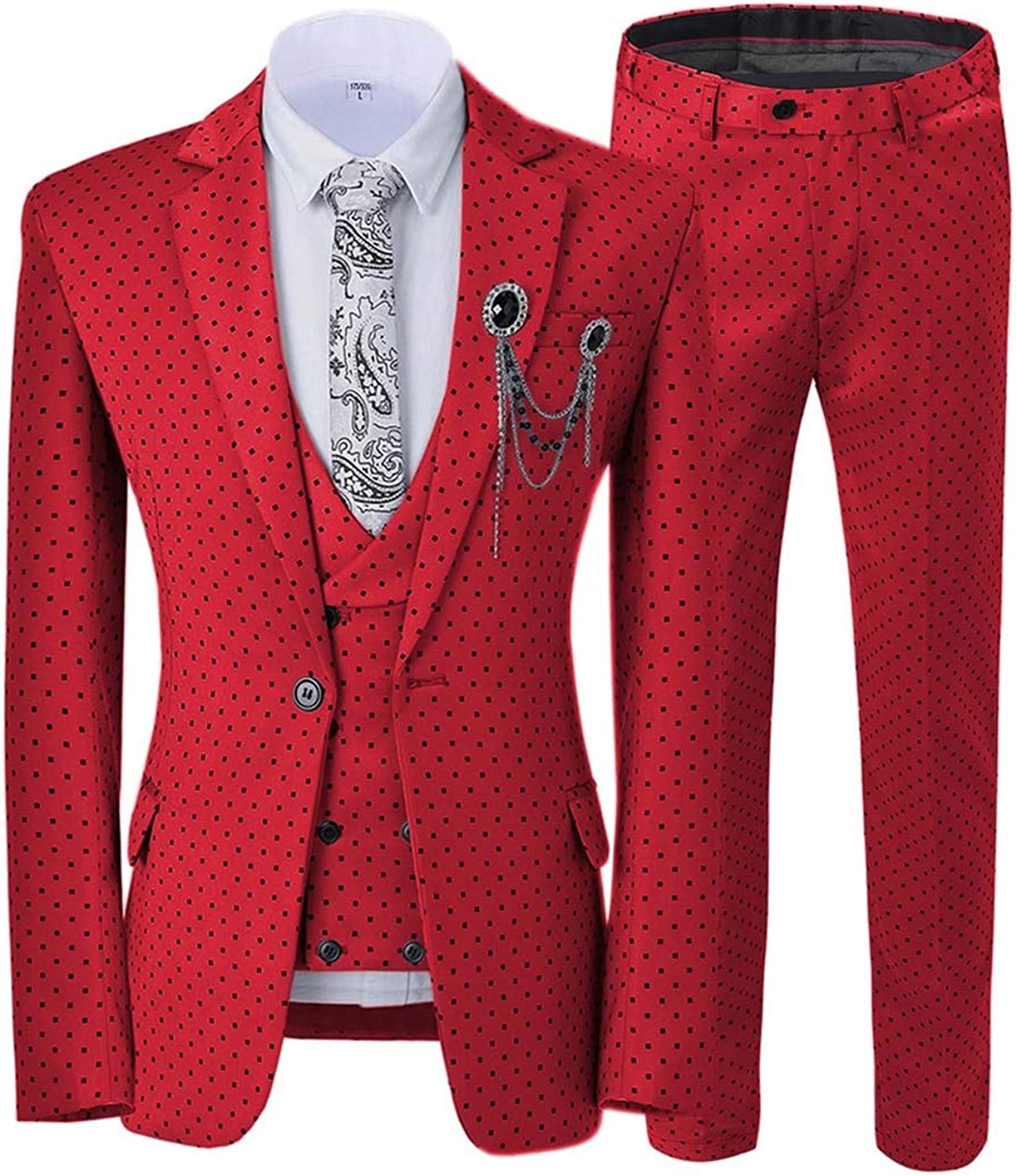 Ingram Glamorous Ruby Red Notched Lapel Three-Piece Prom Suit with Black Polka Dots