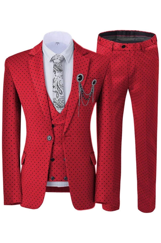 Ingram Glamorous Ruby Red Notched Lapel Three-Piece Prom Suit with Black Polka Dots