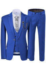 Ira Latest Royal Blue Notched Lapel Three-Piece Prom Suit With Black Dots