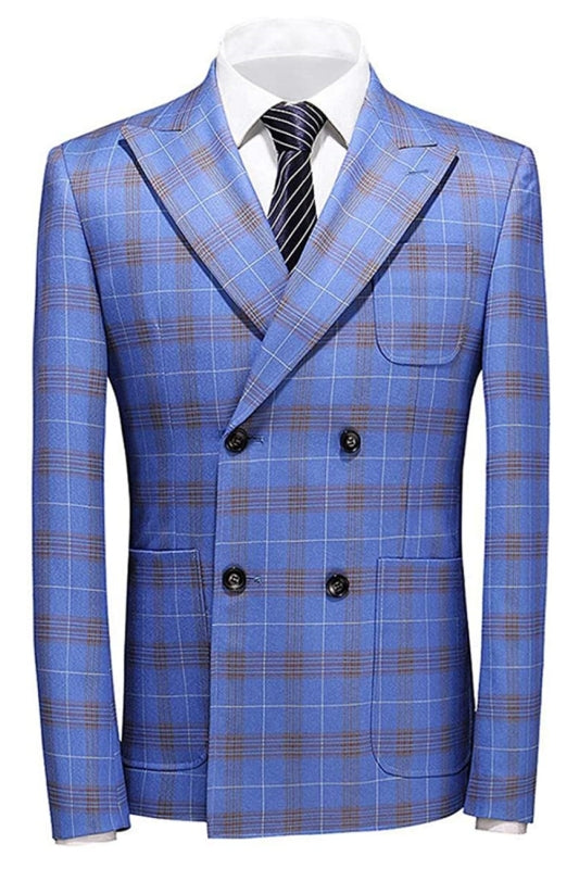 Jackson Contemporary Blue Double-Breasted Plaid Men's Business Suit