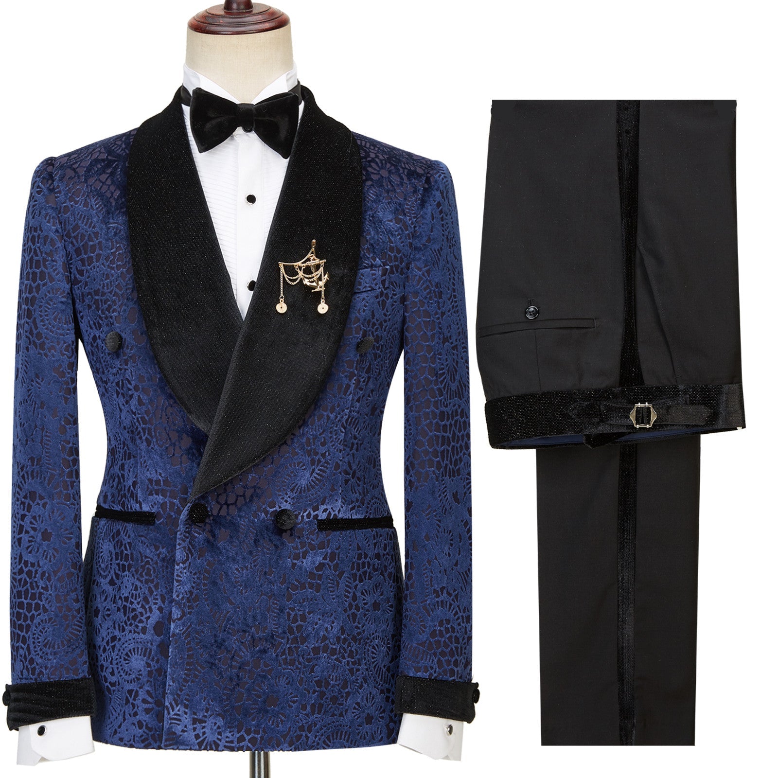 Jane Dark Navy Jacquard Double Breasted Sparkling Shawl Lapel Men’s Wedding Attire