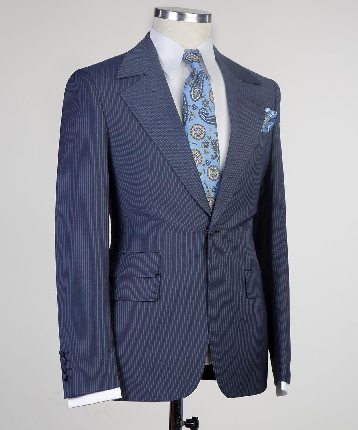 Jay Latest Navy Striped Notched Lapel Three-Piece Men’s Suits