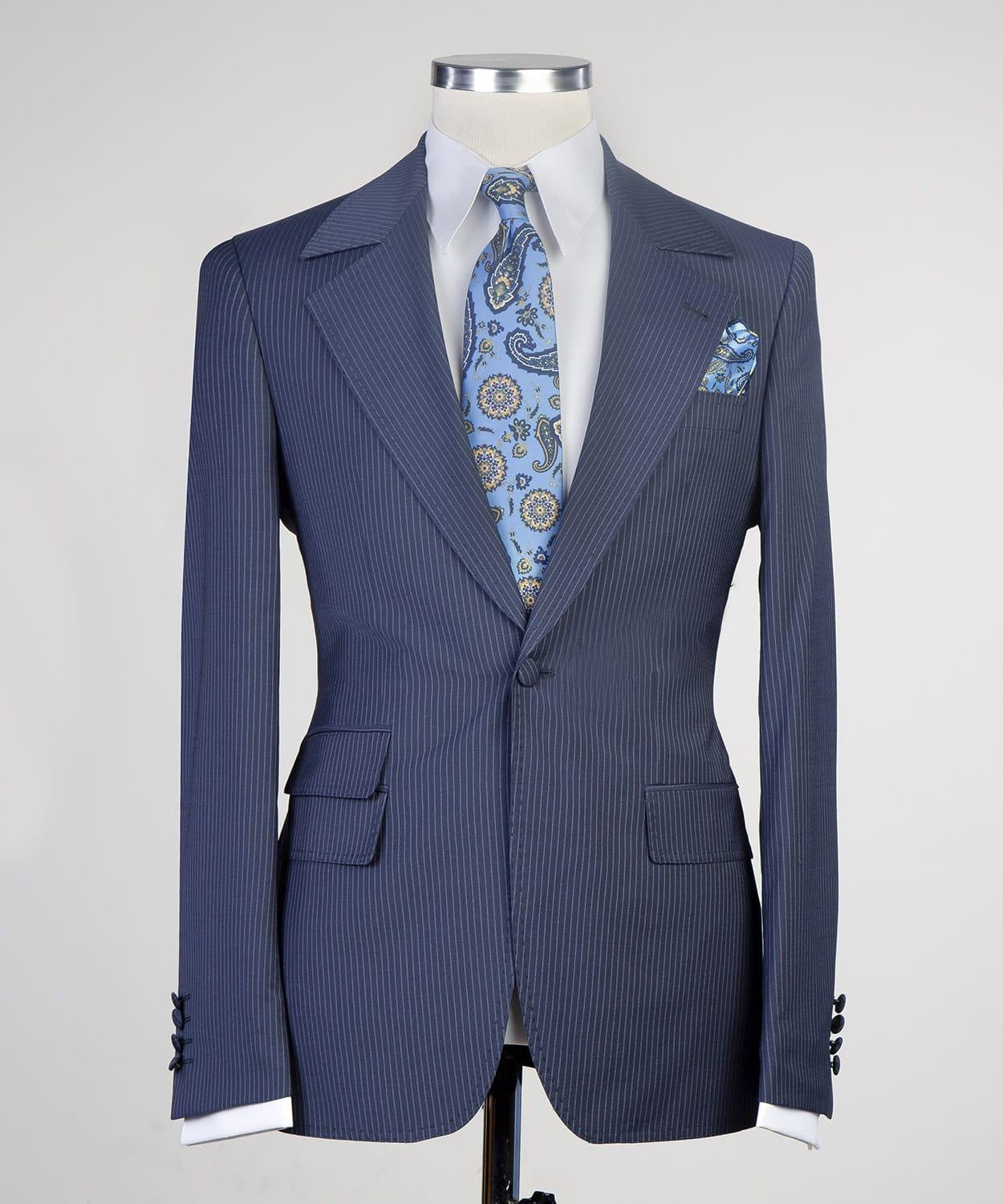 Jay Latest Navy Striped Notched Lapel Three-Piece Men’s Suits