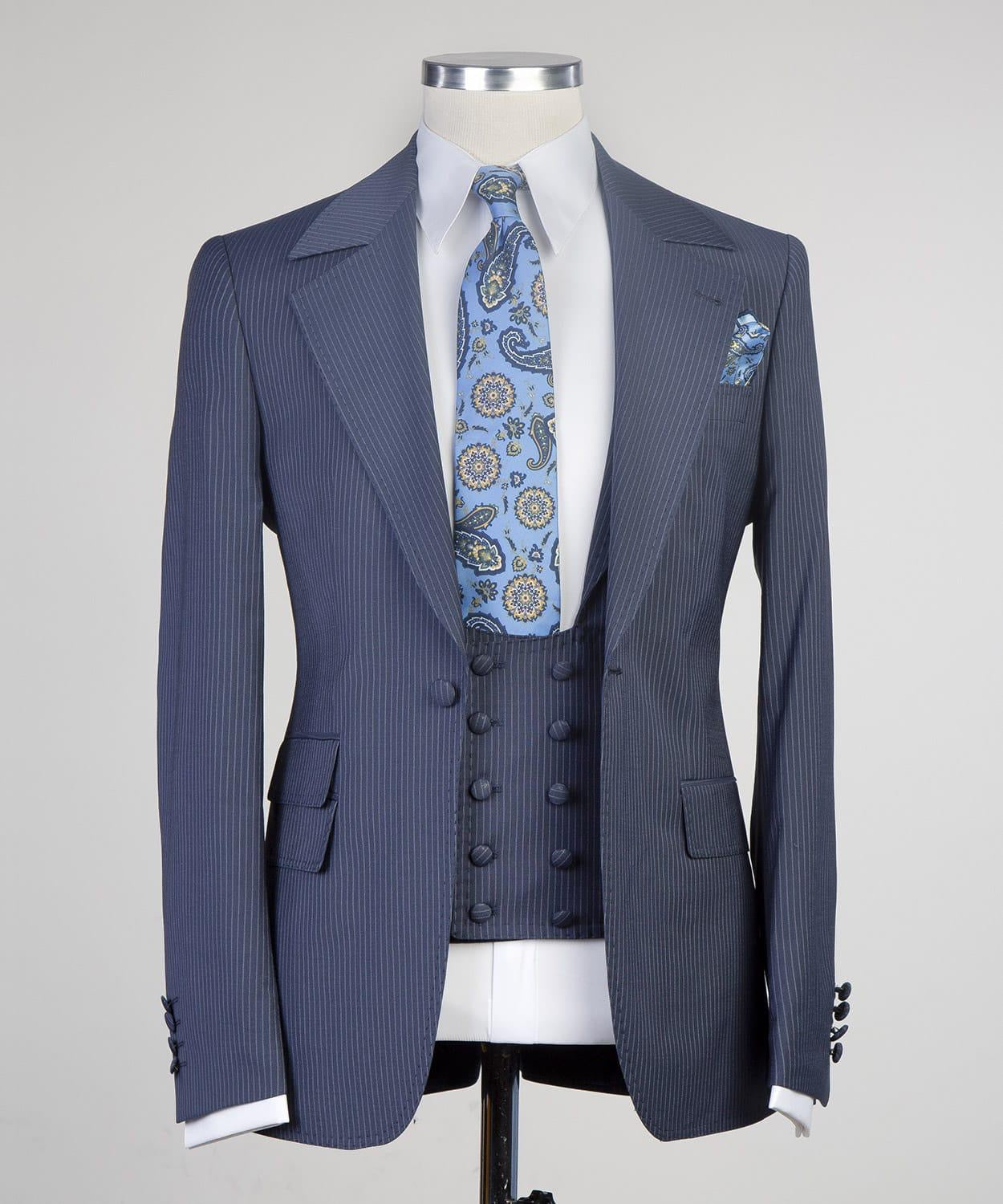 Jay Latest Navy Striped Notched Lapel Three-Piece Men’s Suits