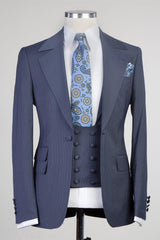 Jay Latest Navy Striped Notched Lapel Three-Piece Men’s Suits