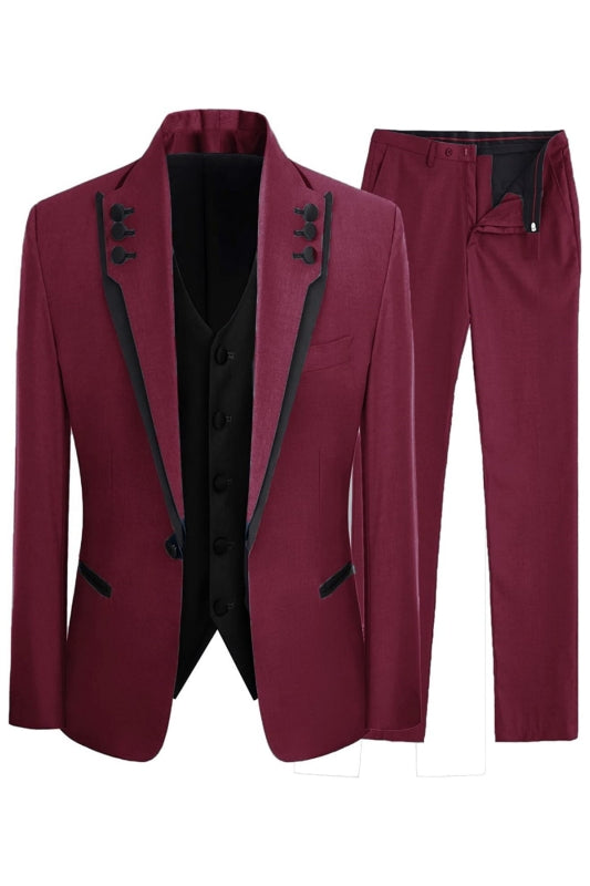 Jean New Burgundy Shawl Lapel Three-Piece Prom Suit