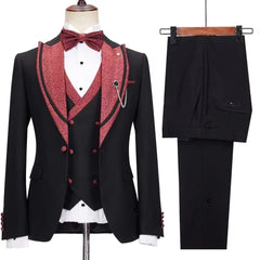 Jensen Custom Black Peak Lapel Three-Piece Prom Suit