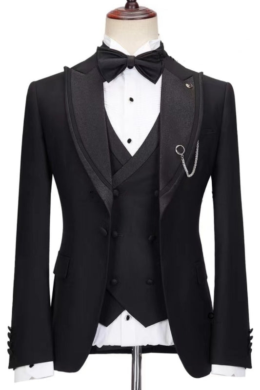 Jerome Chic Black Peak Lapel Three-Piece Prom Suit