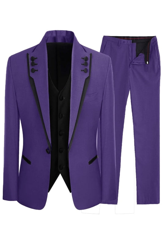 Jerry Chic Purple Shawl Lapel Three-Piece Prom Suit For Men