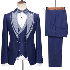 Jerry Elegant Dark Blue Peak Lapel Three-Piece Prom Suit